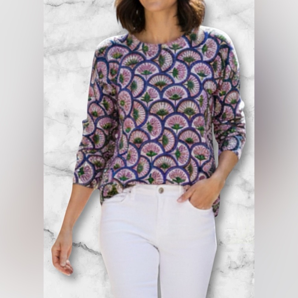 Boden Emilia Sweater Abstract Floral Fan Print Lightweight Stretchy Size M - Picture 2 of 10